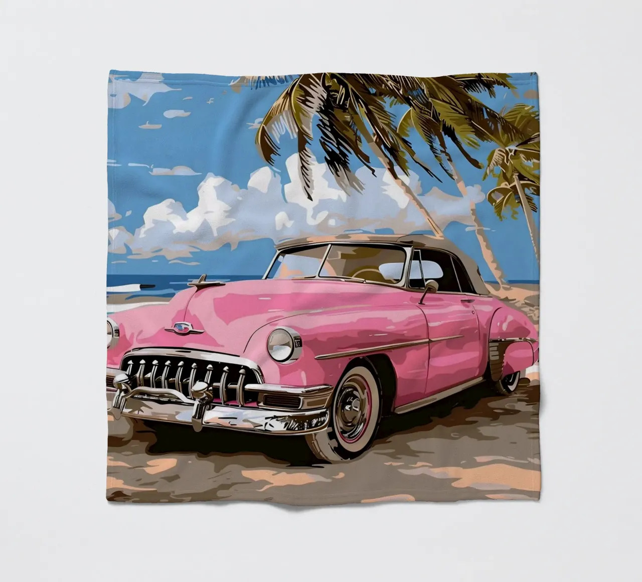 Cuban Dream: Retro Pink Car, Beach & Palm Trees Art Print fleece blanket by NorwesClub