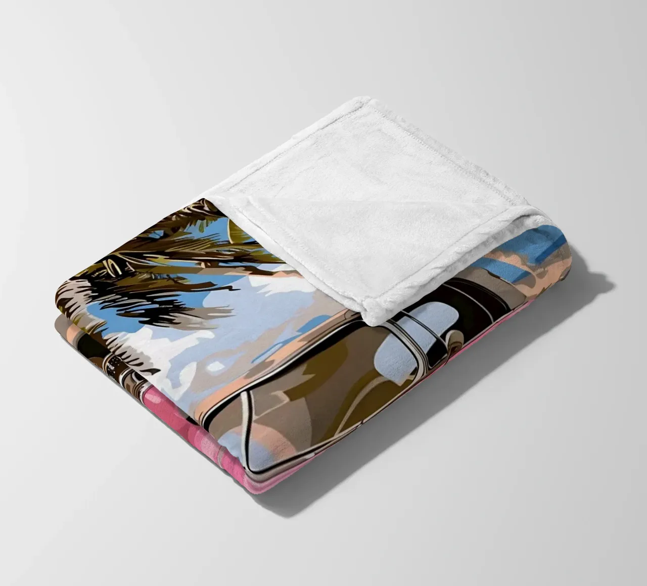 Cuban Dream: Retro Pink Car, Beach & Palm Trees Art Print fleece blanket by NorwesClub