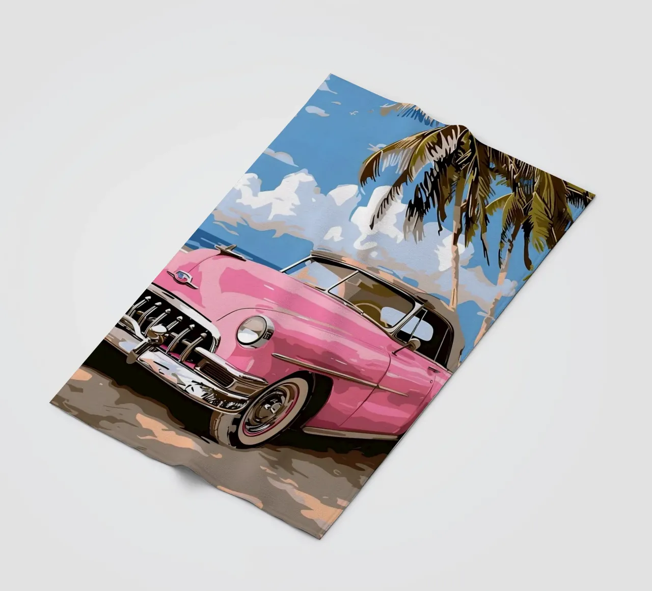 Cuban Dream: Retro Pink Car, Beach & Palm Trees Art Print fleece blanket by NorwesClub
