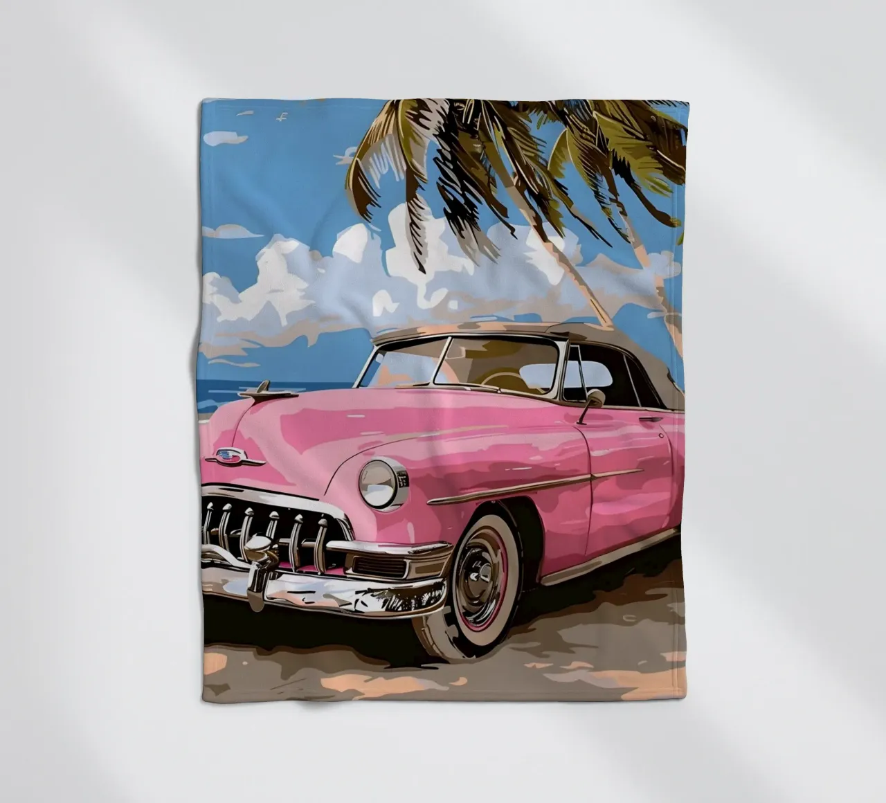 Cuban Dream: Retro Pink Car, Beach & Palm Trees Art Print fleece blanket by NorwesClub