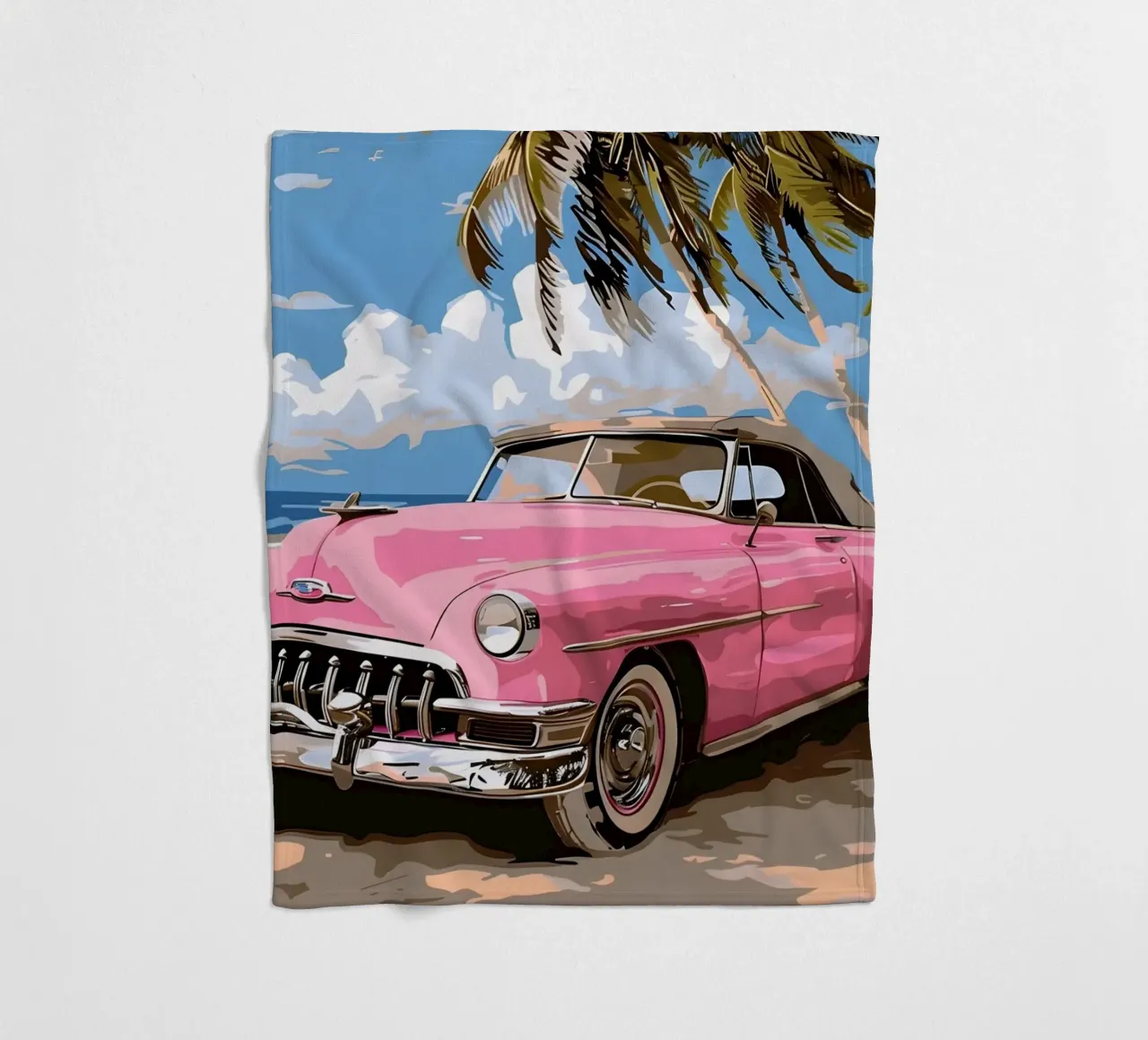 Cuban Dream: Retro Pink Car, Beach & Palm Trees Art Print fleece blanket by NorwesClub