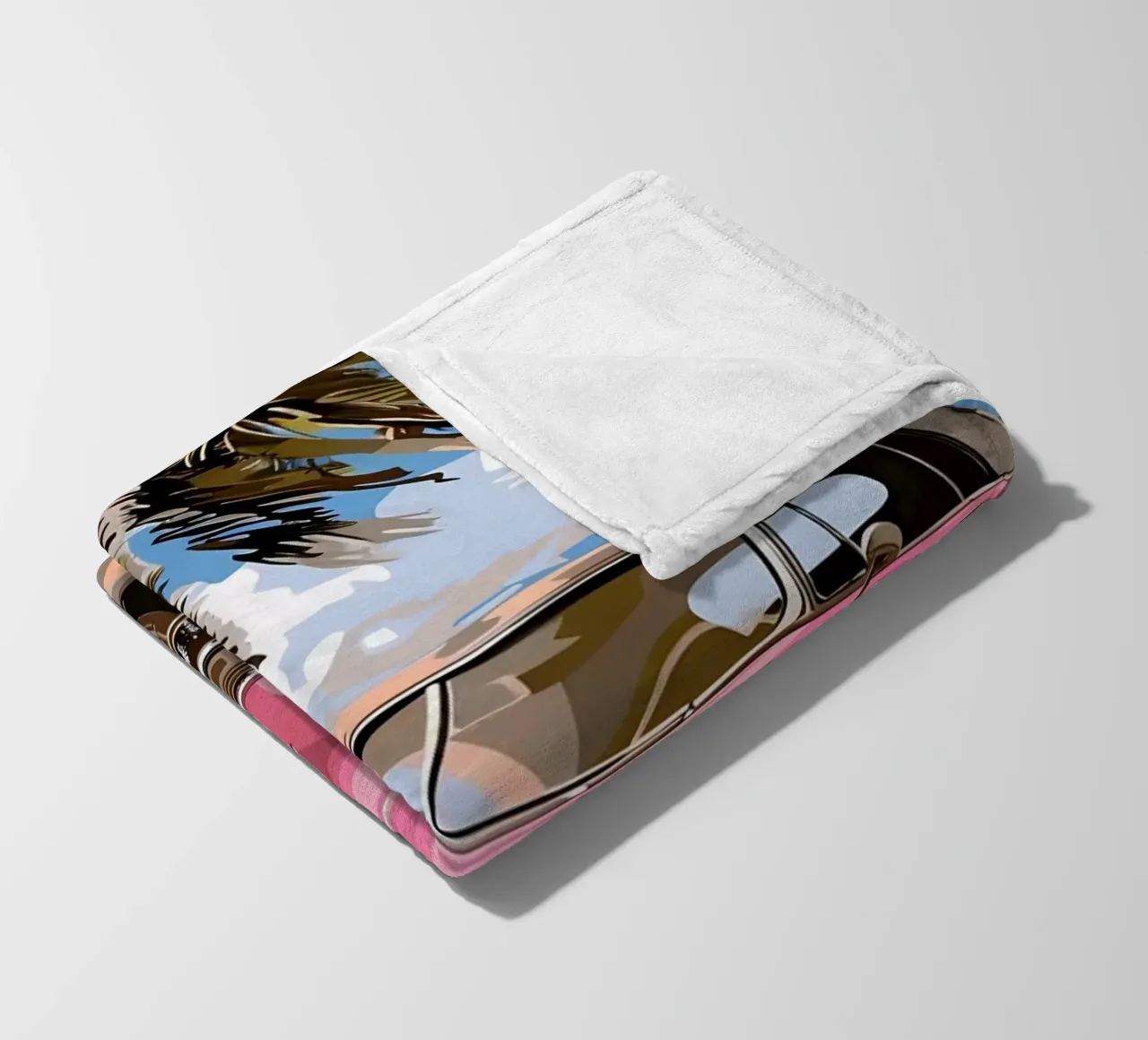 Cuban Dream: Retro Pink Car, Beach & Palm Trees Art Print fleece blanket by NorwesClub