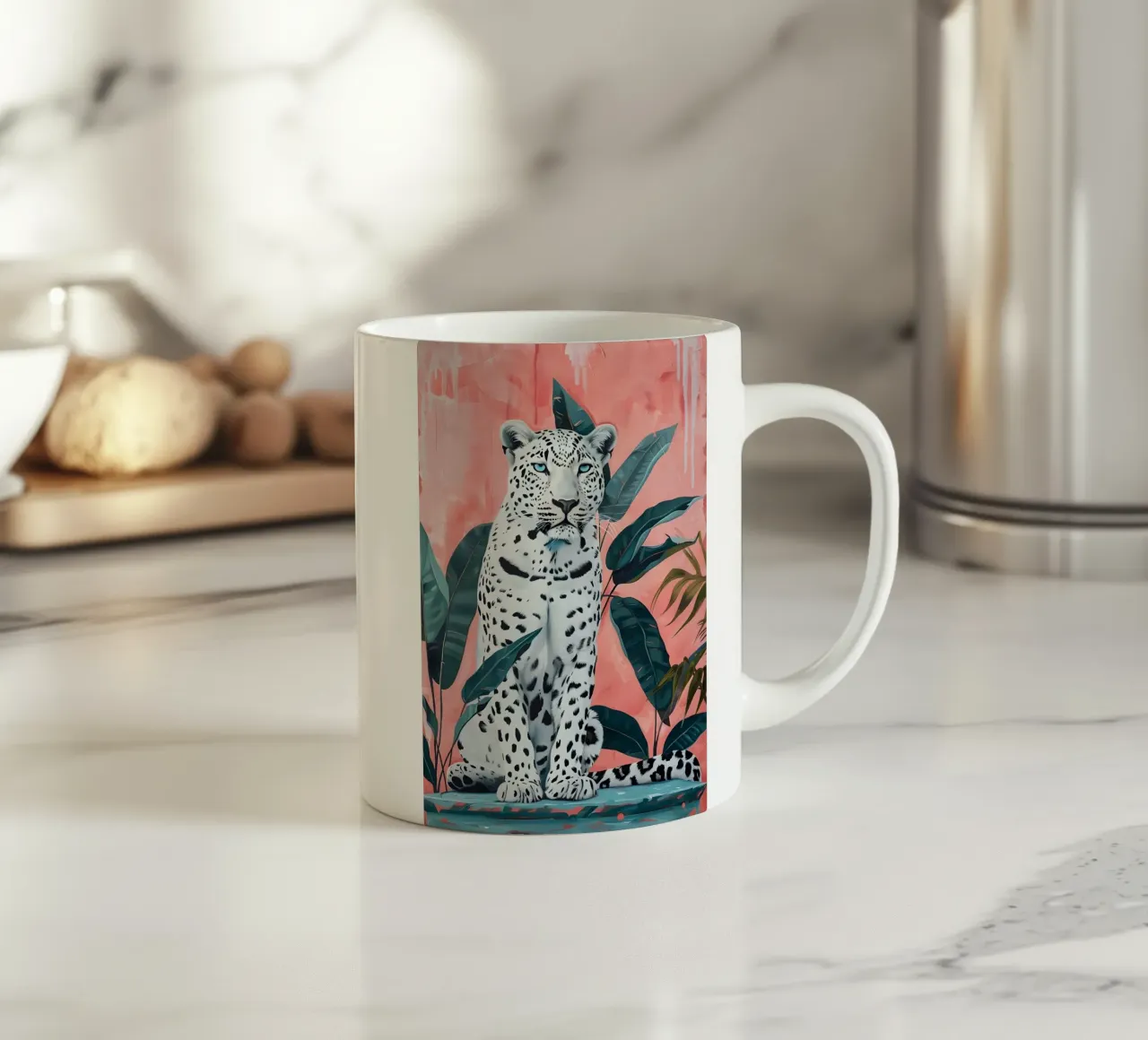Leopardo bianco: Jungle Chic, stampa pop art rosa e verde acqua tazza in ceramica da NorwesClub
