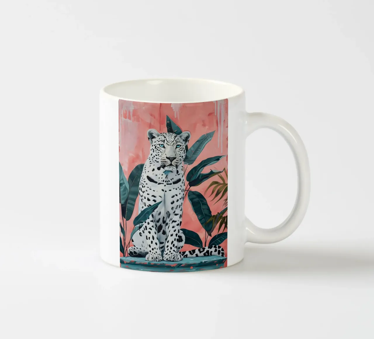 Leopardo bianco: Jungle Chic, stampa pop art rosa e verde acqua tazza in ceramica da NorwesClub