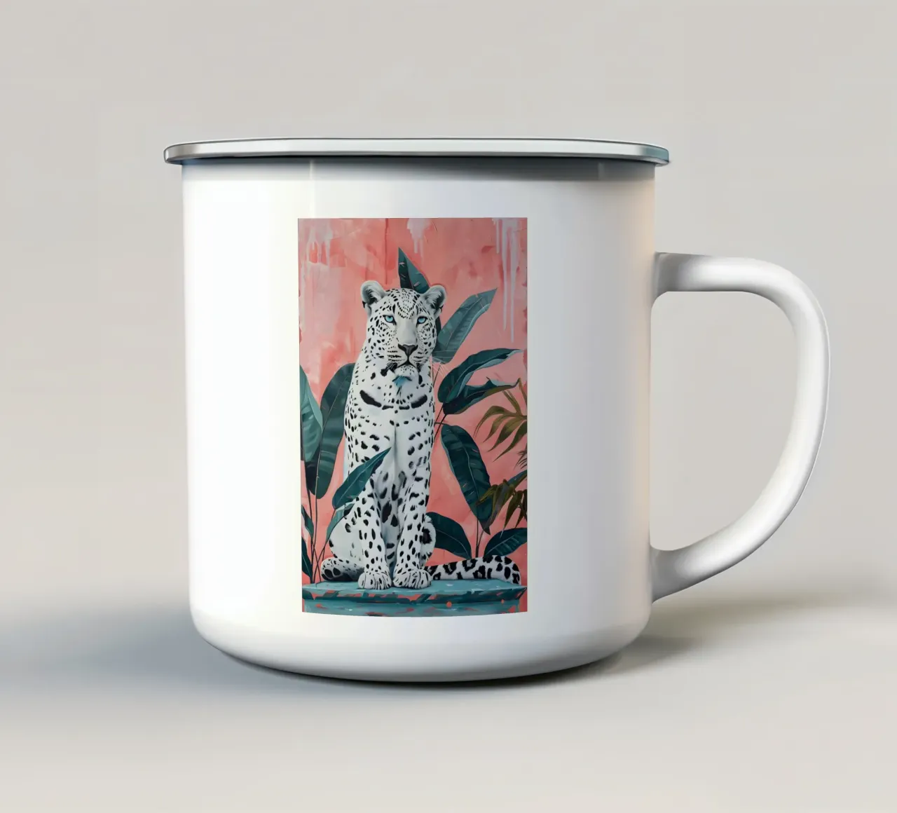 Leopardo bianco: Jungle Chic, stampa pop art rosa e verde acqua tazza in smalto da NorwesClub