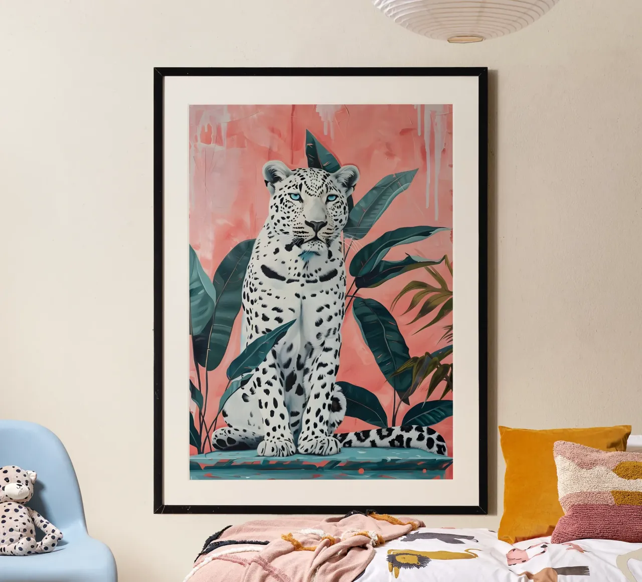 Leopardo bianco: Jungle Chic, stampa pop art rosa e verde acqua poster con telaio in plastica da NorwesClub