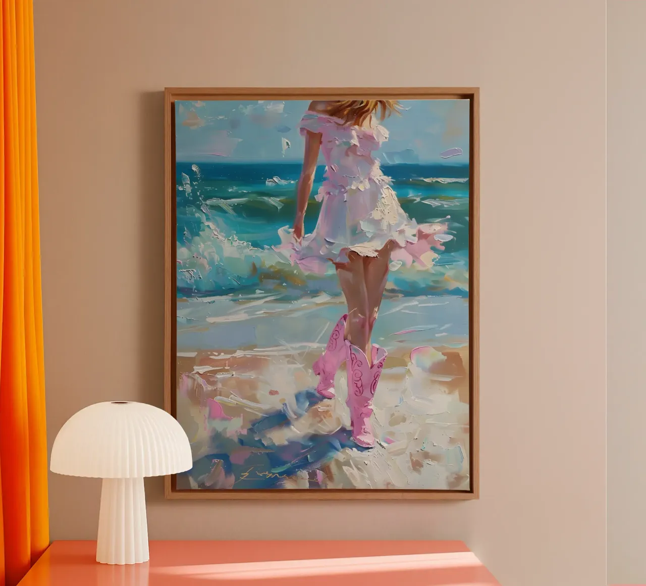 Kustdroom: Roze laarzen & strandwandeling, expressieve olieverf canvas met Baklijst van NorwesClub