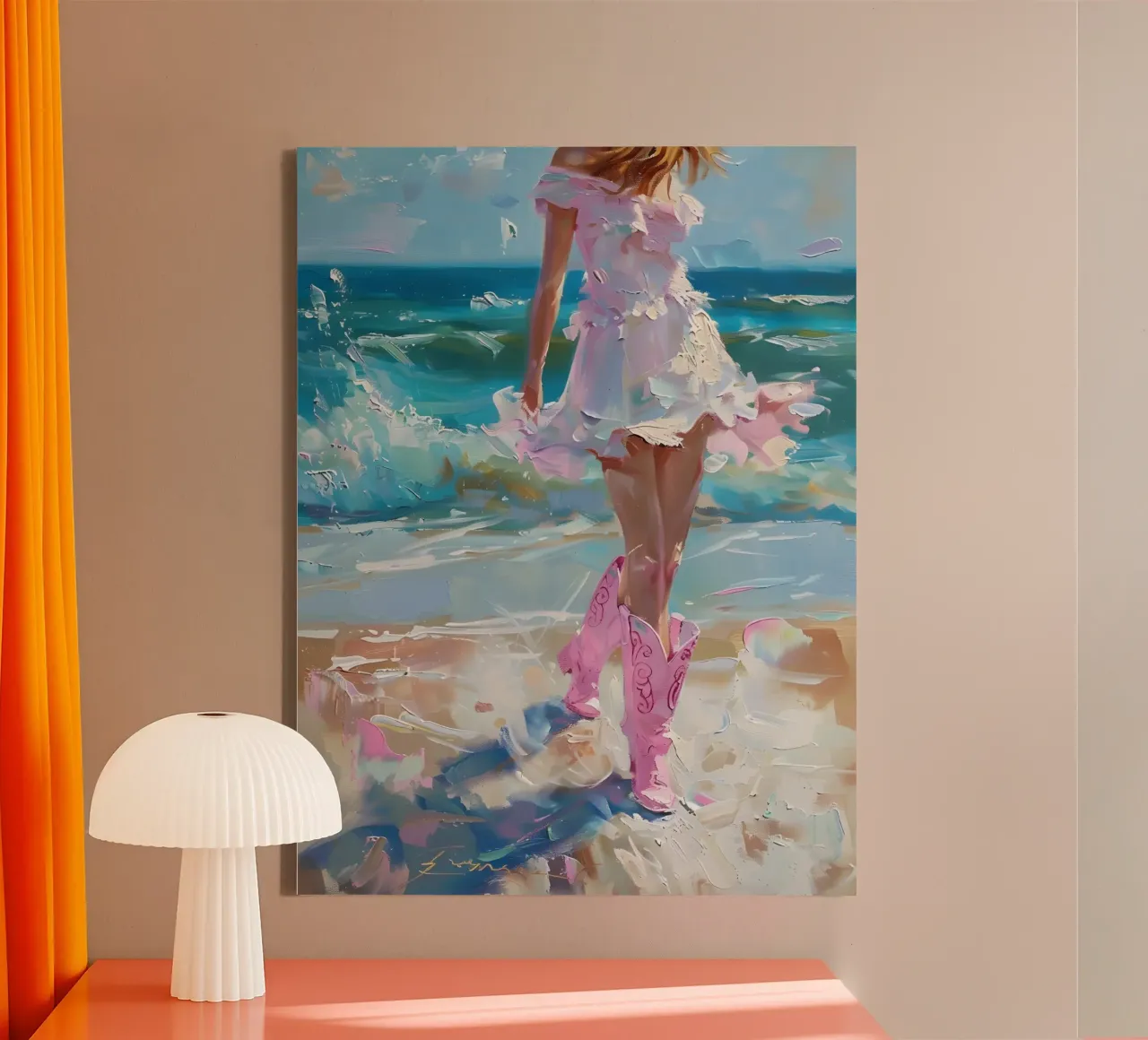 Kustdroom: Roze laarzen & strandwandeling, expressieve olieverf canvas met Baklijst van NorwesClub