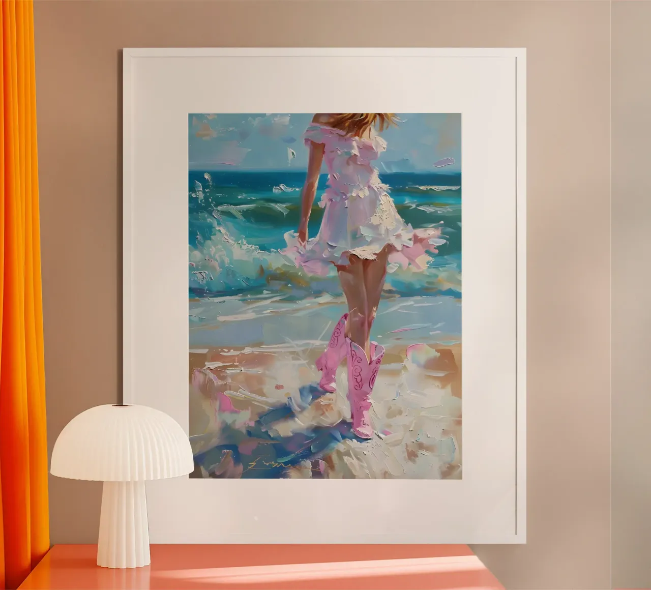 Kustdroom: Roze laarzen & strandwandeling, expressieve olieverf poster van NorwesClub