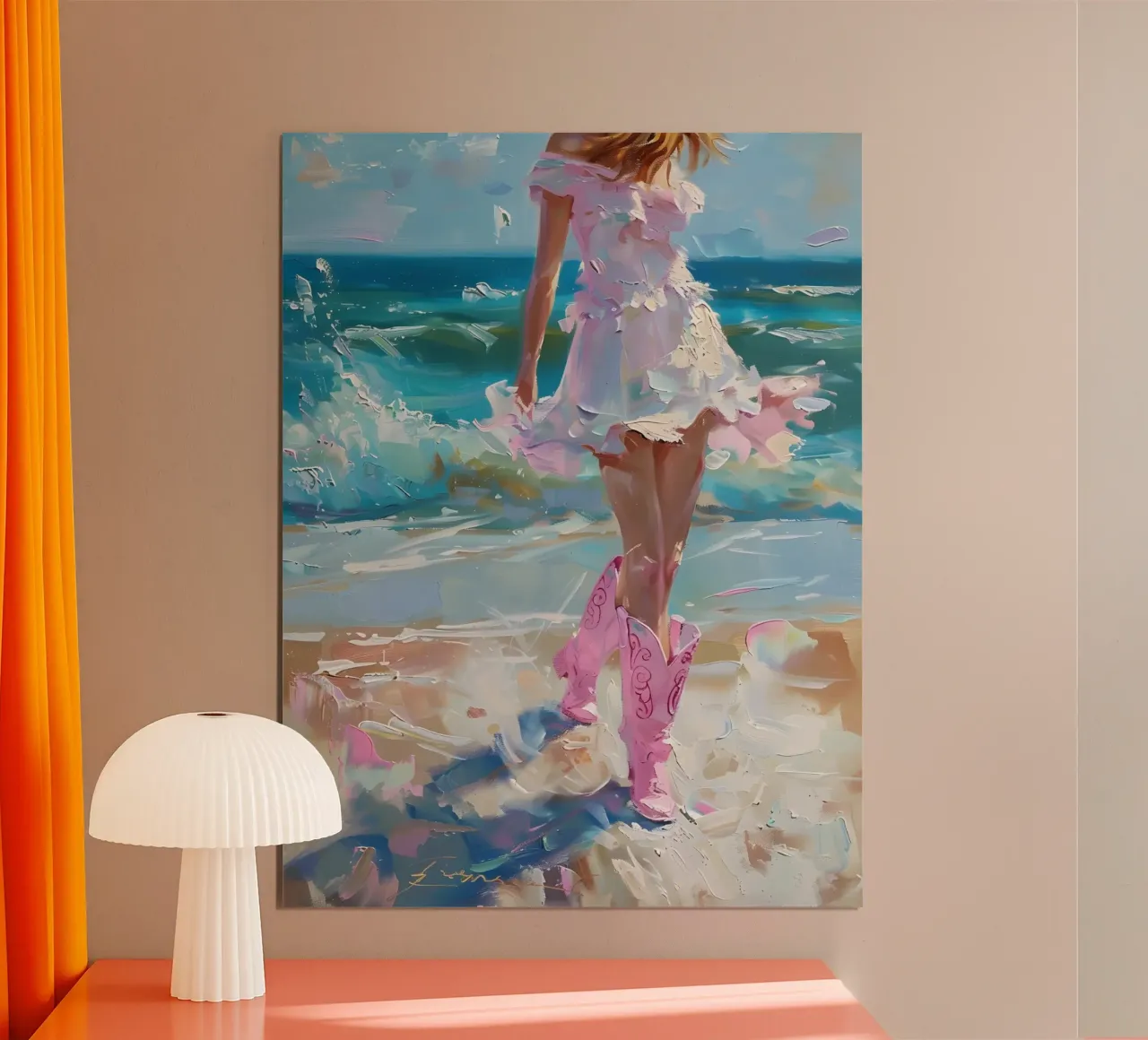 Kustdroom: Roze laarzen & strandwandeling, expressieve olieverf poster van NorwesClub