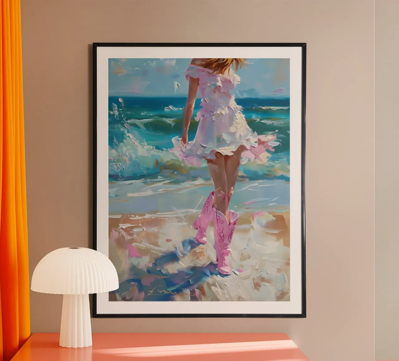 Kustdroom: Roze laarzen & strandwandeling, expressieve olieverf poster van NorwesClub
