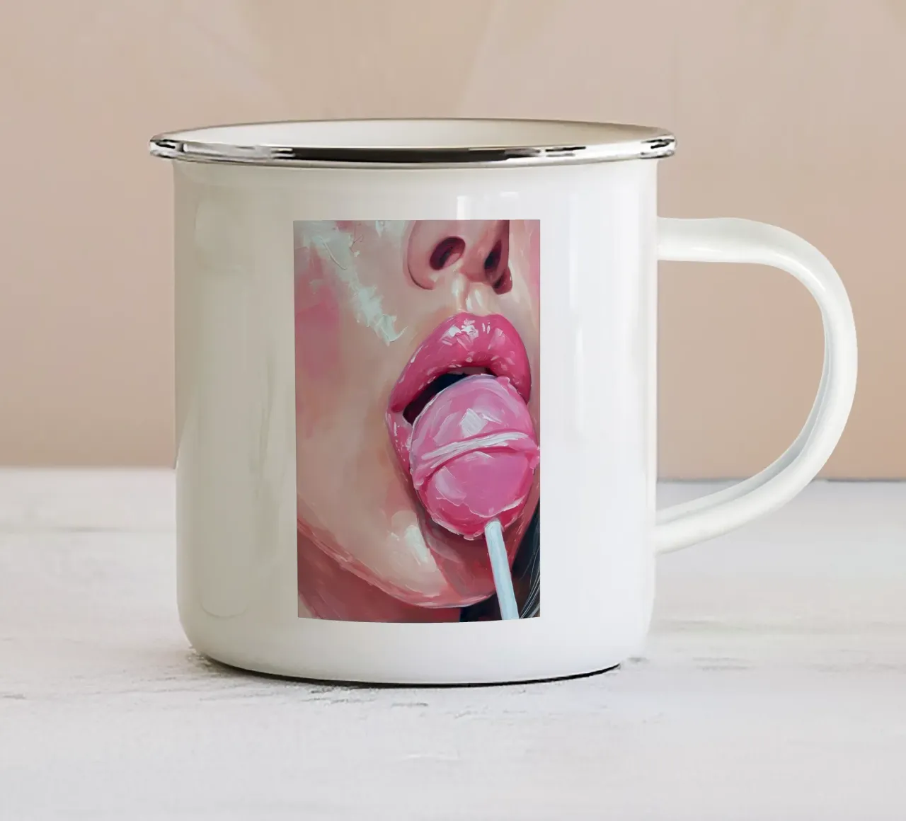 Bacio zuccheroso: labbra pop art, pittura lecca-lecca rosa vibrante tazza in smalto da NorwesClub