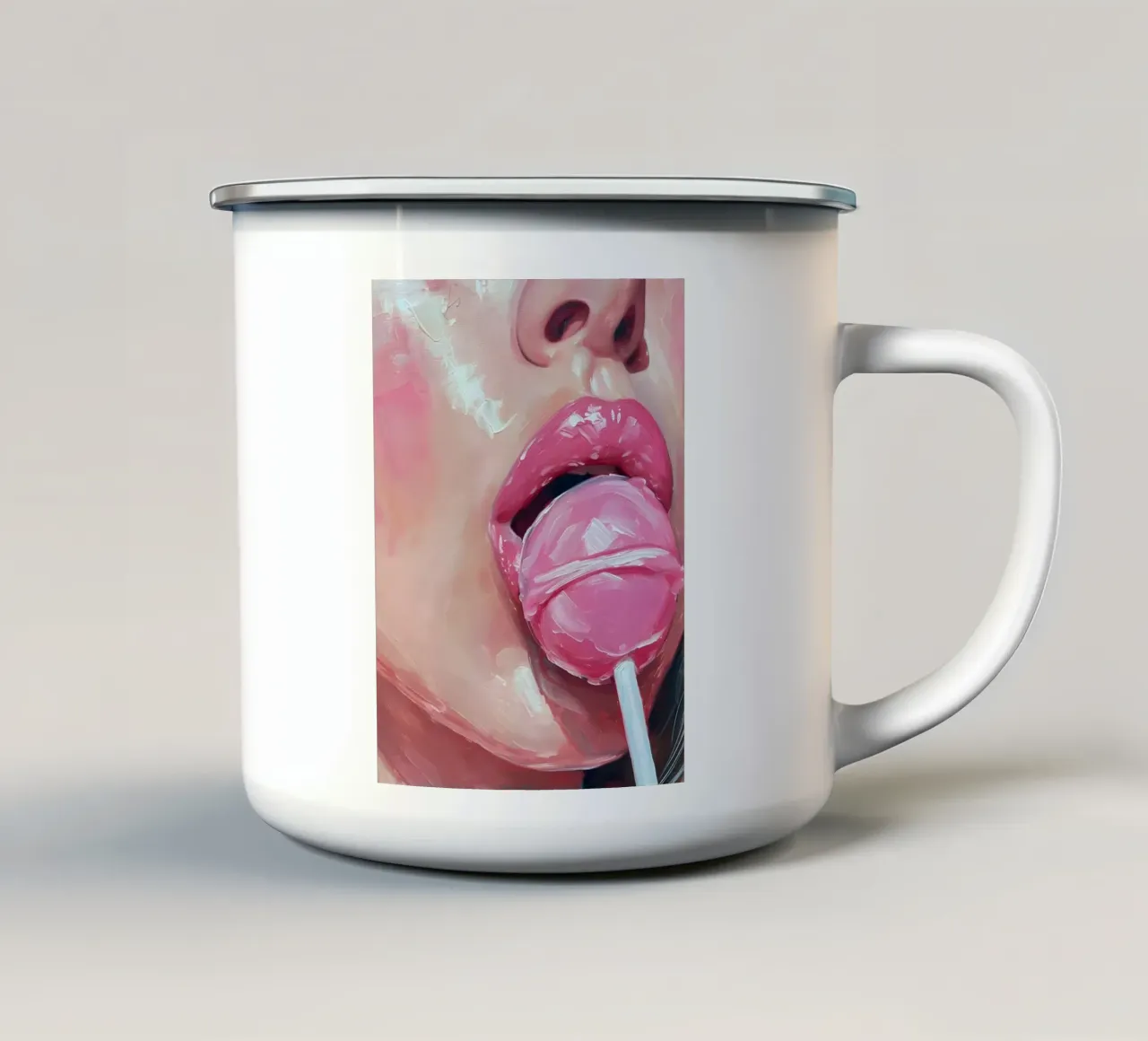 Bacio zuccheroso: labbra pop art, pittura lecca-lecca rosa vibrante tazza in smalto da NorwesClub