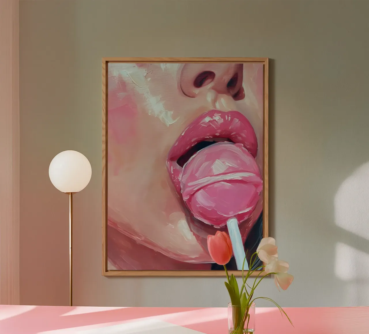 Bacio zuccheroso: labbra pop art, pittura lecca-lecca rosa vibrante pannello forex da NorwesClub