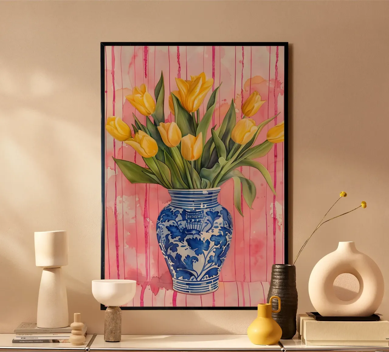 Tulipani gialli: Natura morta floreale classica, arte rosa e blu poster con telaio in alluminio da NorwesClub