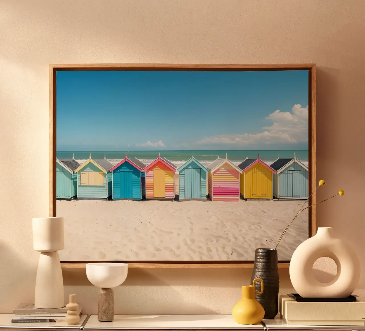 Capanne da spiaggia colorate: Arredamento costiero, viaggi estivi e oceano A tela con Cornice a cassetta da NorwesClub