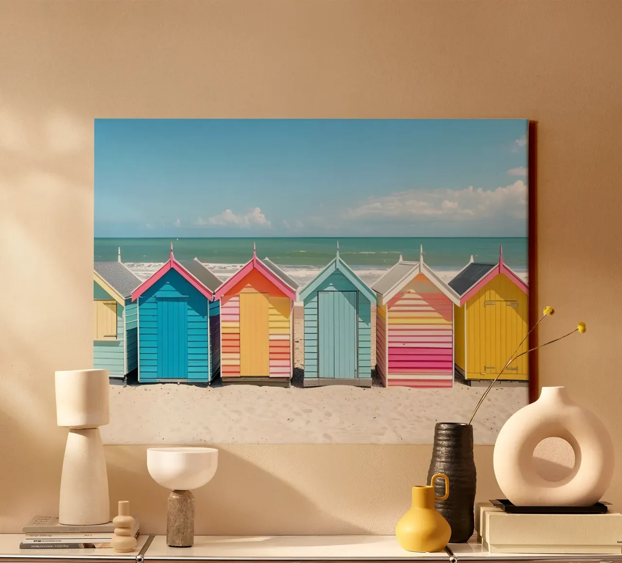 Capanne da spiaggia colorate: Arredamento costiero, viaggi estivi e oceano A tela con Cornice a cassetta da NorwesClub