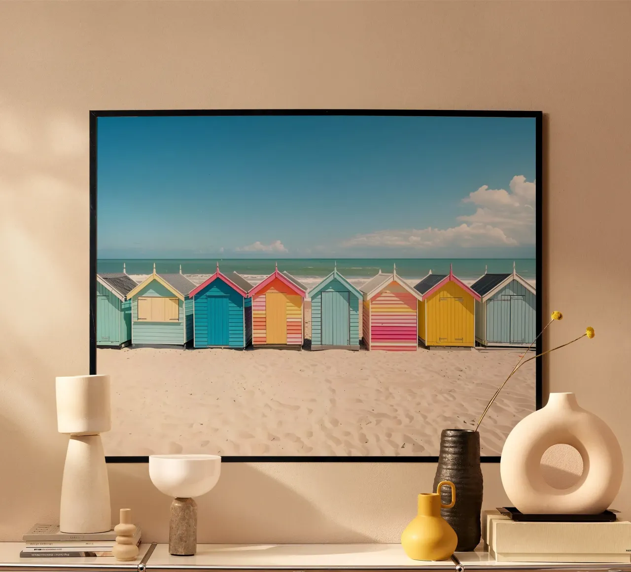 Capanne da spiaggia colorate: Arredamento costiero, viaggi estivi e oceano A poster da NorwesClub