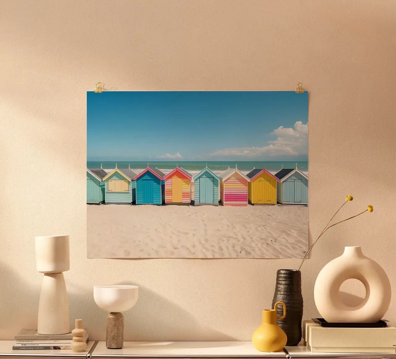 Capanne da spiaggia colorate: Arredamento costiero, viaggi estivi e oceano A poster da NorwesClub