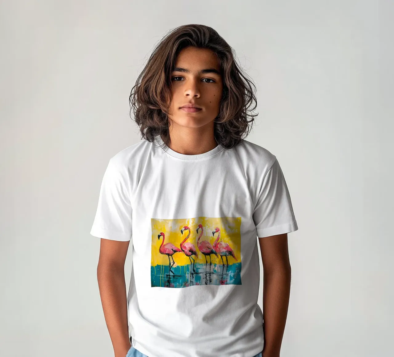 Abstract Flamingos: Vibrant Birds, Yellow & Teal Pop Art kids t-shirt by NorwesClub