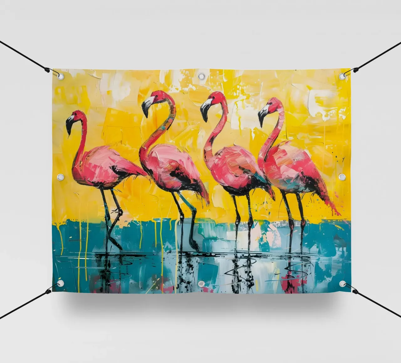 Abstrakte Flamingos: Lebendige Vögel, gelbe und blaugrüne Pop Art PVC Plane von NorwesClub