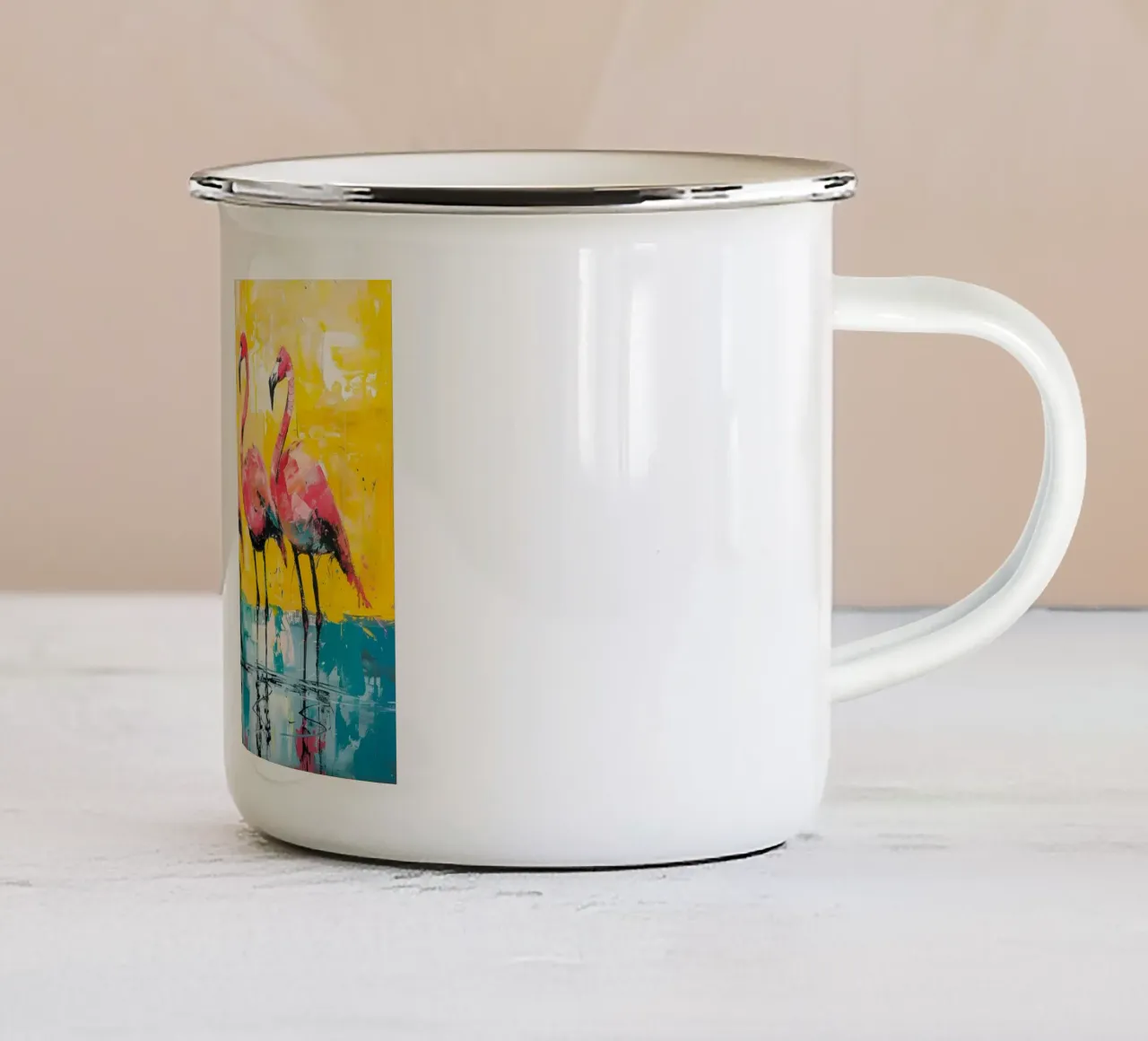 Abstracte flamingo's: Levendige vogels, geel en groenblauw Pop Art emaille mok van NorwesClub