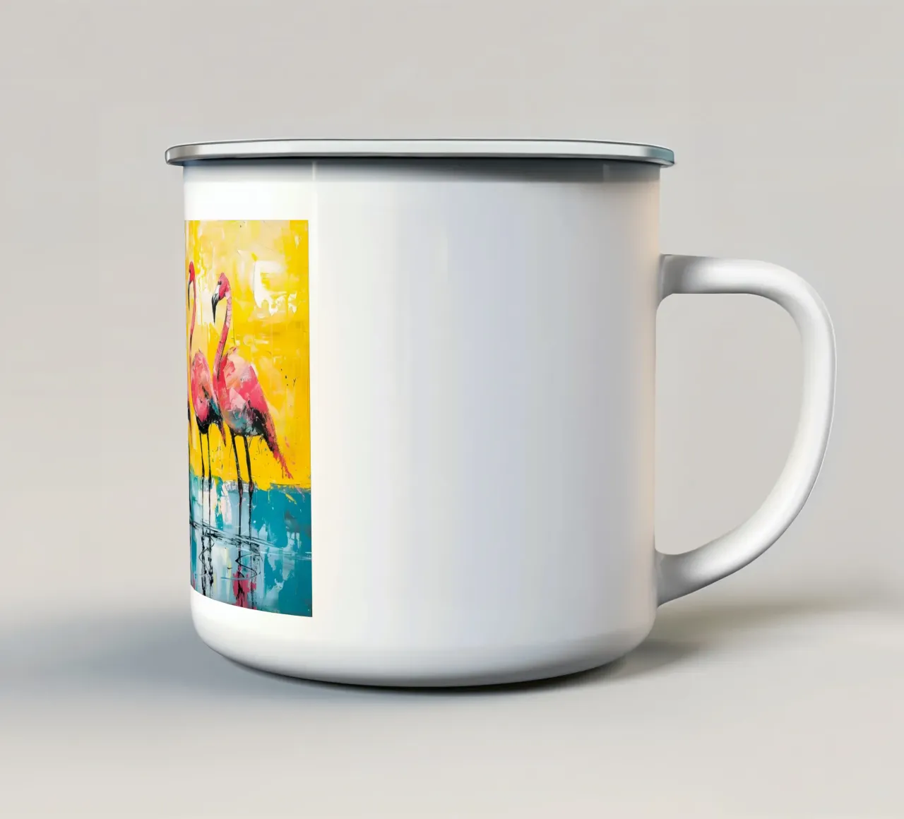 Abstracte flamingo's: Levendige vogels, geel en groenblauw Pop Art emaille mok van NorwesClub