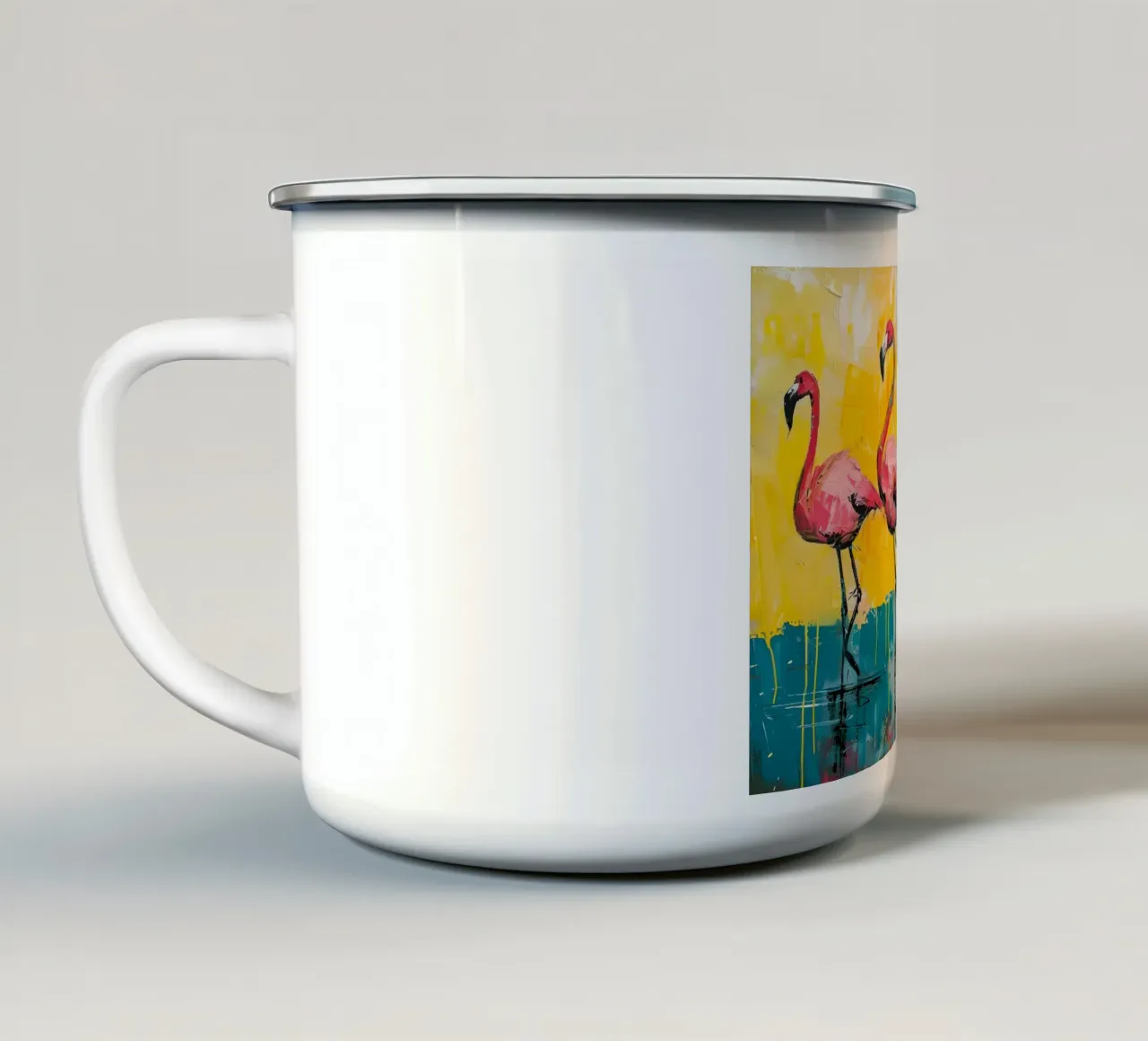 Abstracte flamingo's: Levendige vogels, geel en groenblauw Pop Art emaille mok van NorwesClub