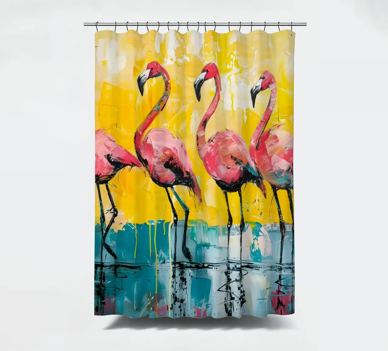 Abstract Flamingos: Vibrant Birds, Yellow & Teal Pop Art shower curtain by NorwesClub