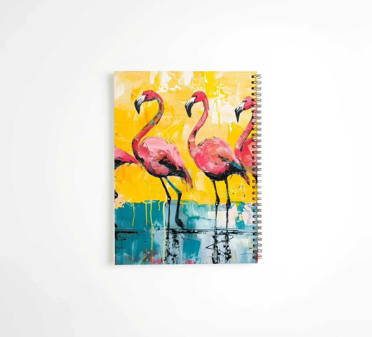 Flamants abstraits : Oiseaux vibrants, Pop Art jaune et sarcelle carnet à spirale de NorwesClub