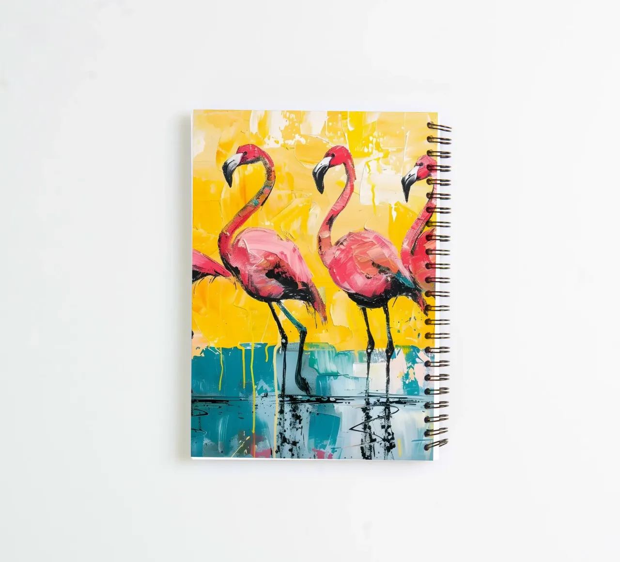 Flamants abstraits : Oiseaux vibrants, Pop Art jaune et sarcelle carnet à spirale de NorwesClub