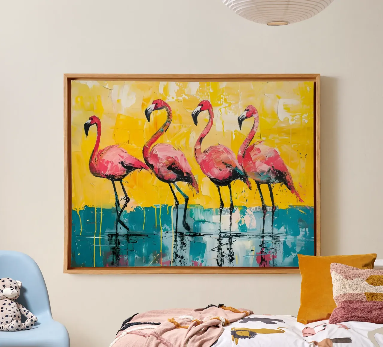 Abstracte flamingo's: Levendige vogels, geel en groenblauw Pop Art canvas van NorwesClub