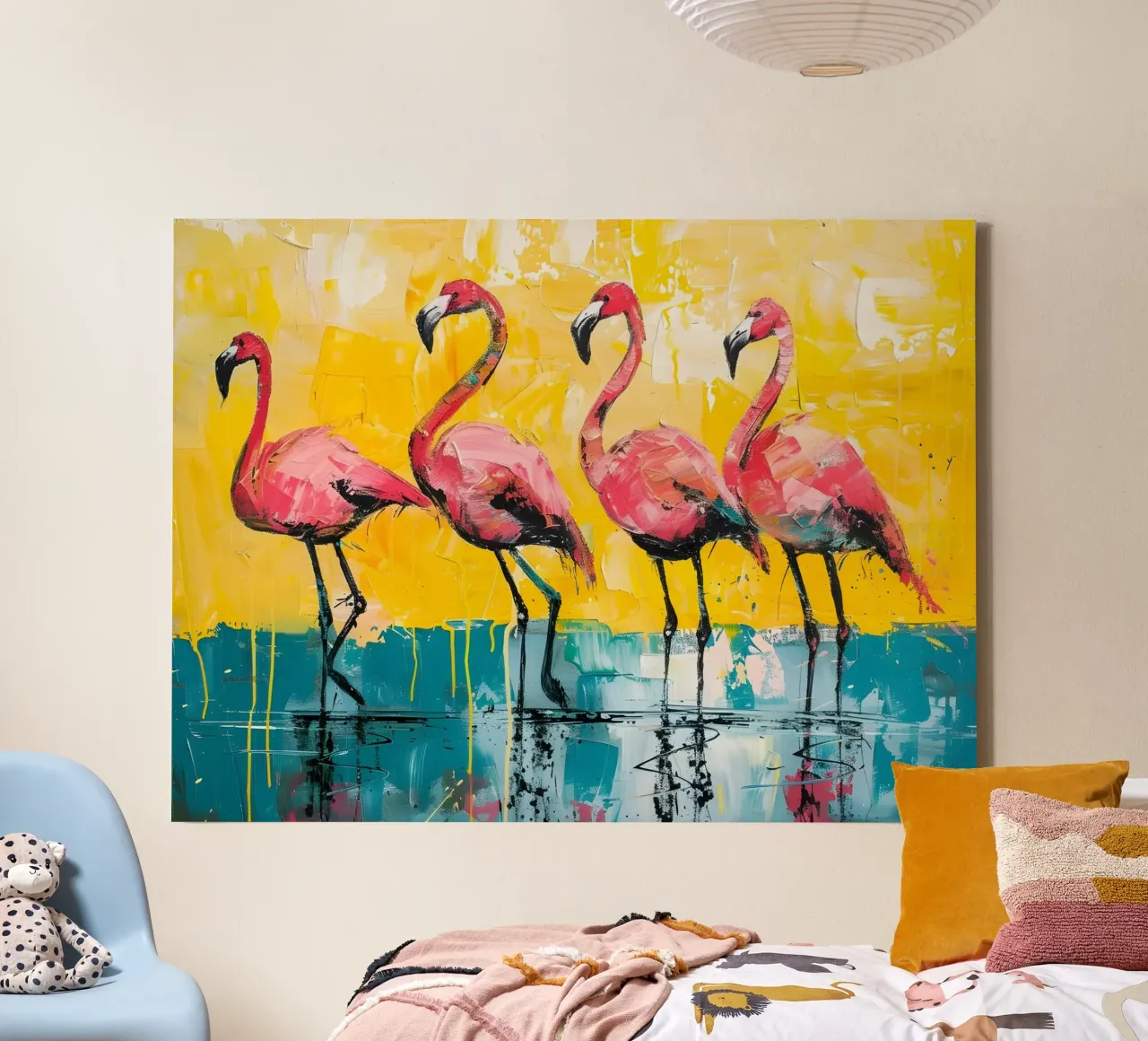 Abstracte flamingo's: Levendige vogels, geel en groenblauw Pop Art canvas van NorwesClub