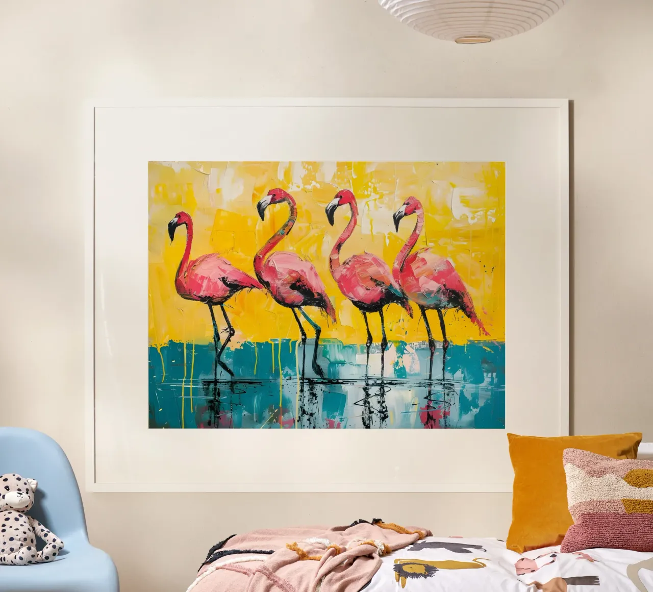 Abstract Flamingos: Vibrant Birds, Yellow & Teal Pop Art hahnemühle by NorwesClub