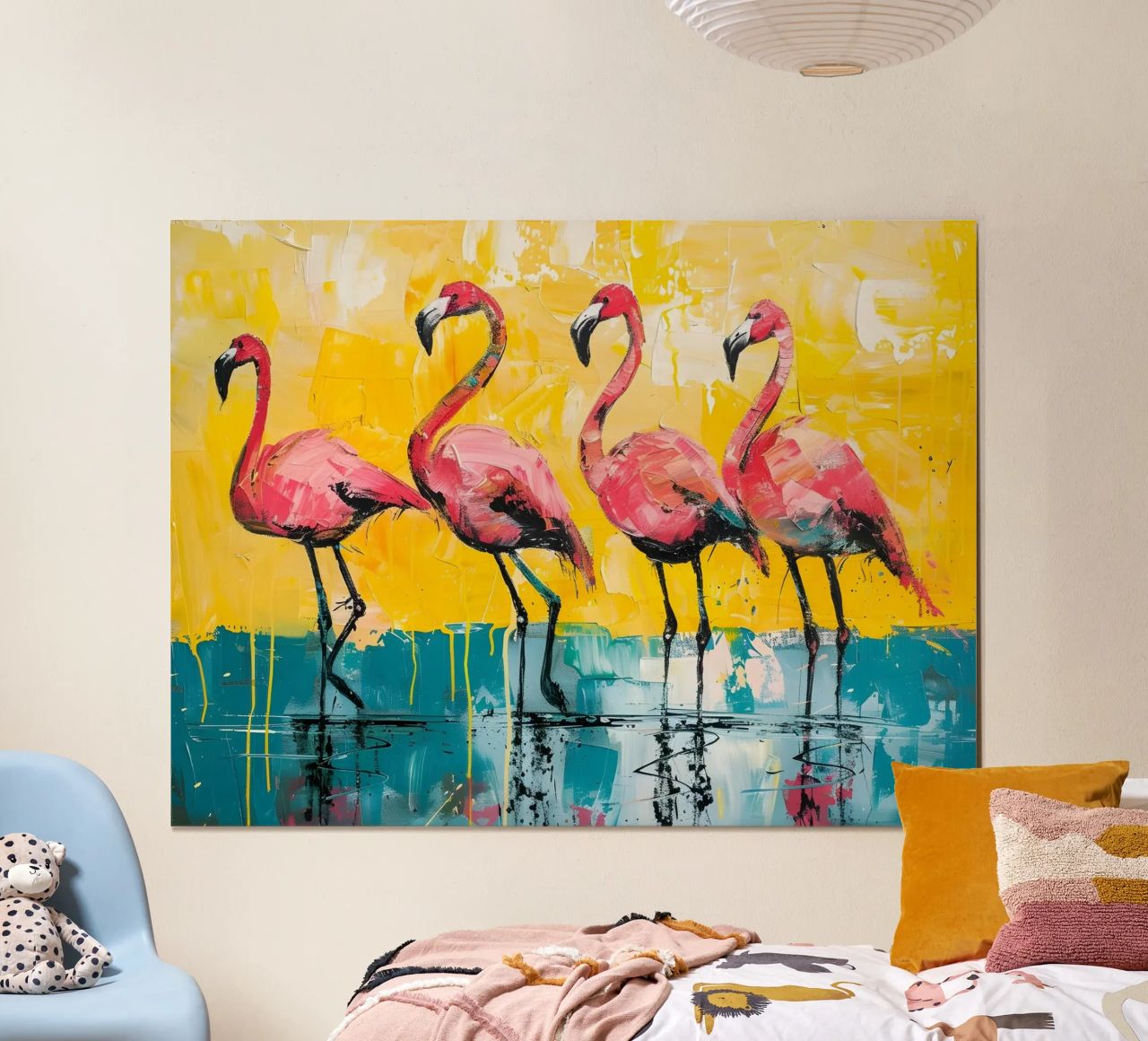 Abstrakte Flamingos: Lebendige Vögel, gelbe und blaugrüne Pop Art Poster von NorwesClub