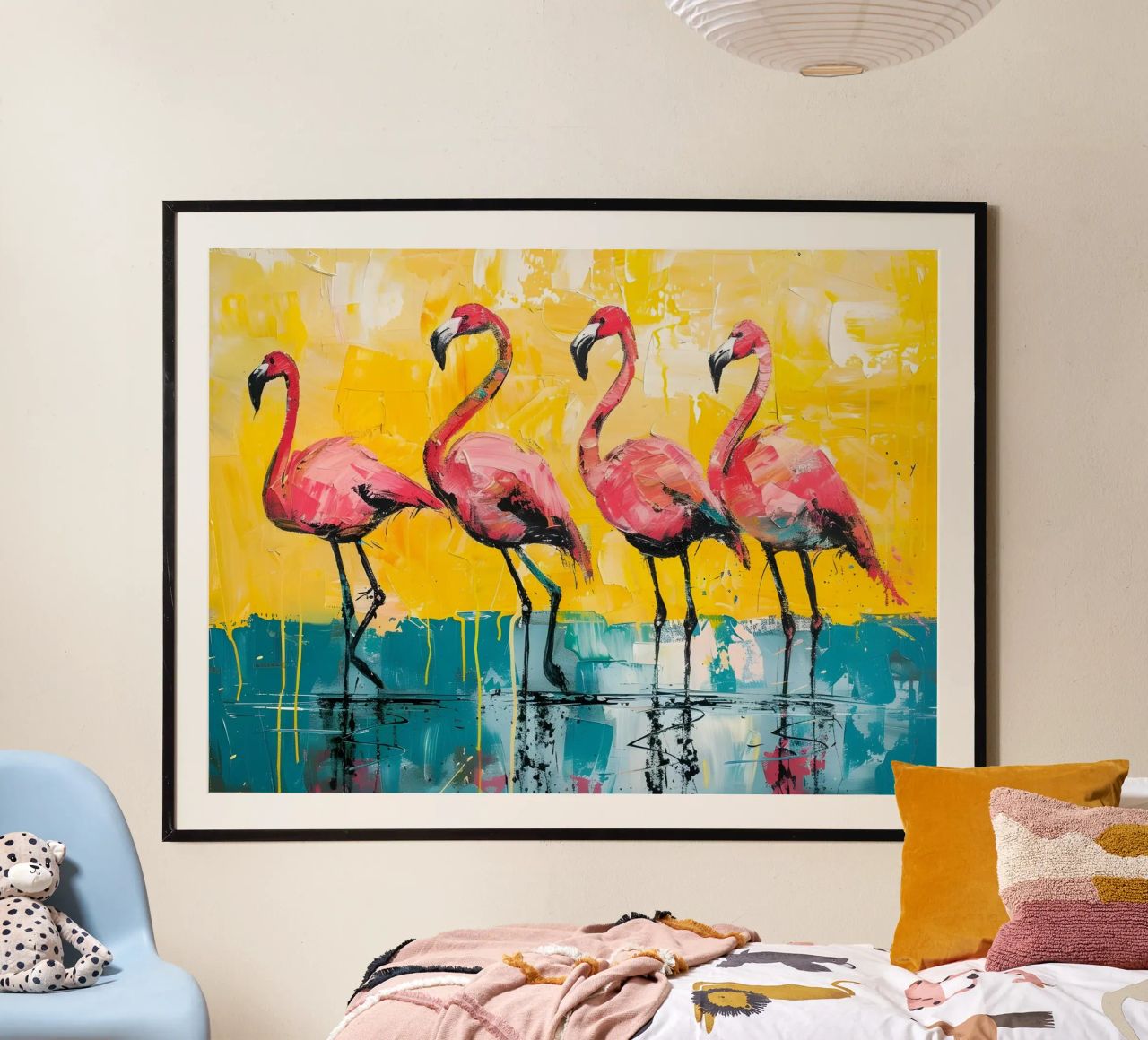 Abstrakte Flamingos: Lebendige Vögel, gelbe und blaugrüne Pop Art Poster von NorwesClub