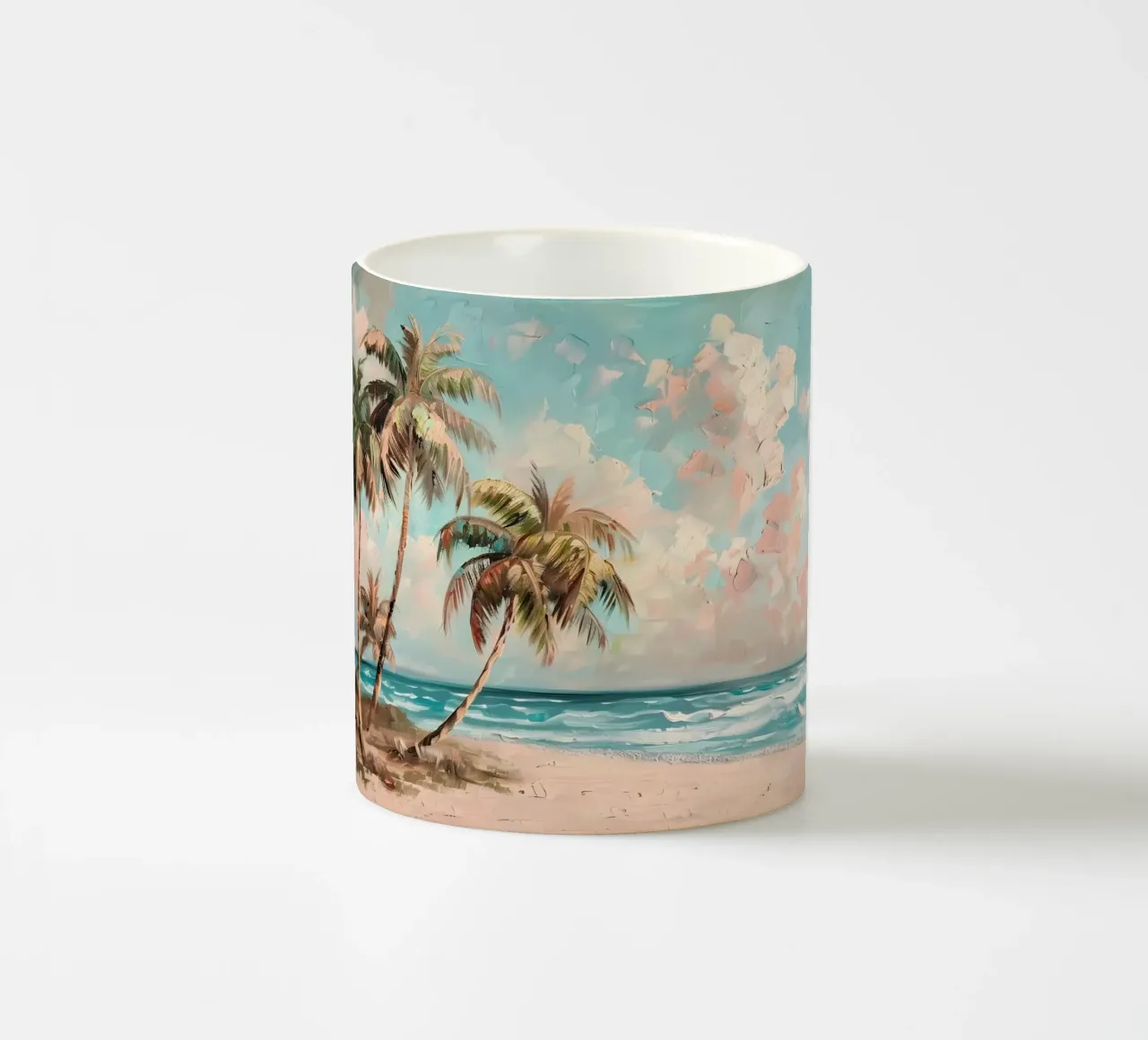 Brezza tropicale: Scena espressiva sulla spiaggia, palme e oceano tazza in ceramica da NorwesClub