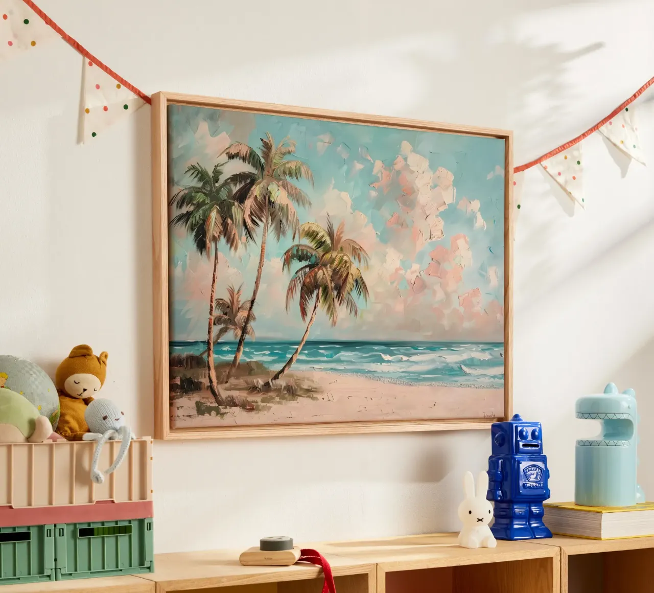 Brezza tropicale: Scena espressiva sulla spiaggia, palme e oceano tela con Cornice a cassetta da NorwesClub
