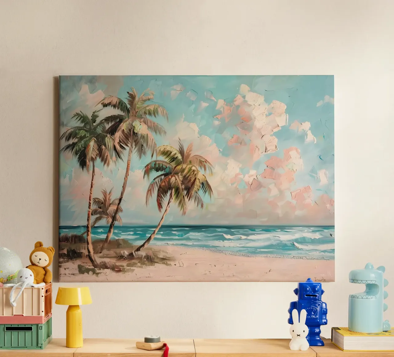 Brezza tropicale: Scena espressiva sulla spiaggia, palme e oceano tela con Cornice a cassetta da NorwesClub