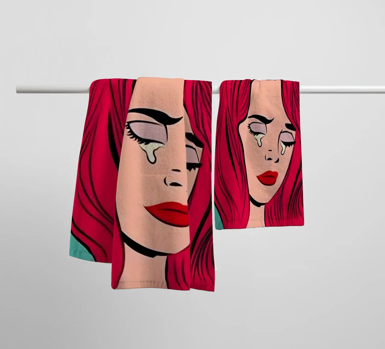 Emotionele pop-art: Roodharige huilt, Vintage Print in stripstijl badhanddoek van NorwesClub