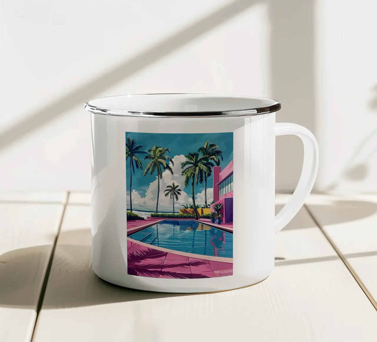 Miami Vice Pool: 80s Aesthetic, Tropical Pop Art Print enamel mug by NorwesClub