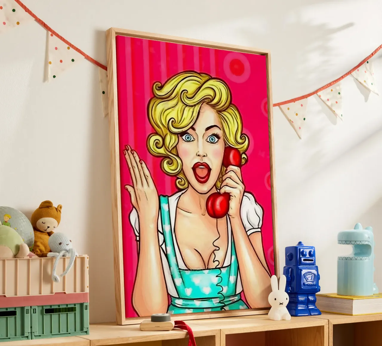 Retro oproep: Pop Art Pin-Up, Drama Print van stripboek canvas met Baklijst van NorwesClub