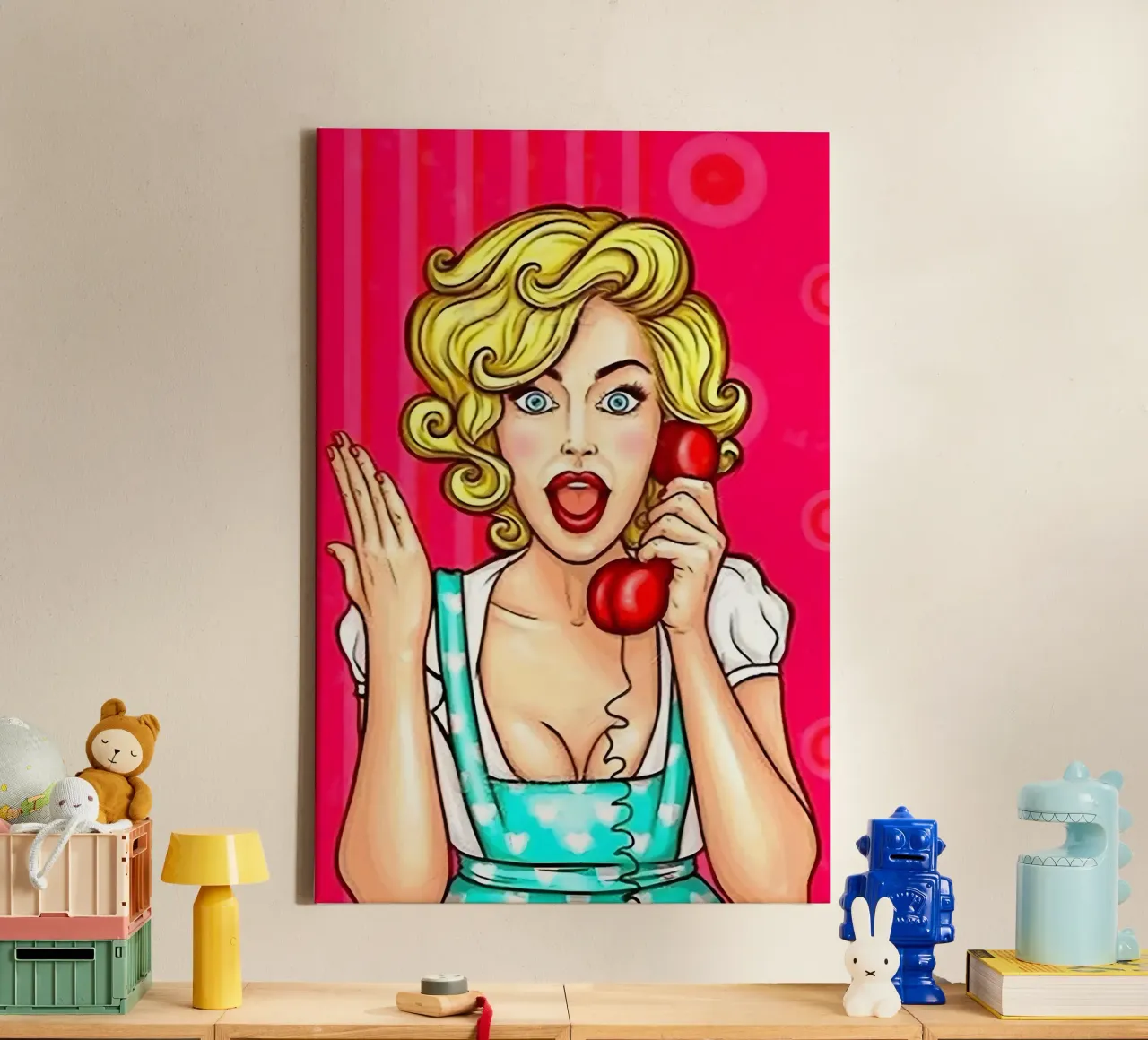 Retro oproep: Pop Art Pin-Up, Drama Print van stripboek canvas met Baklijst van NorwesClub