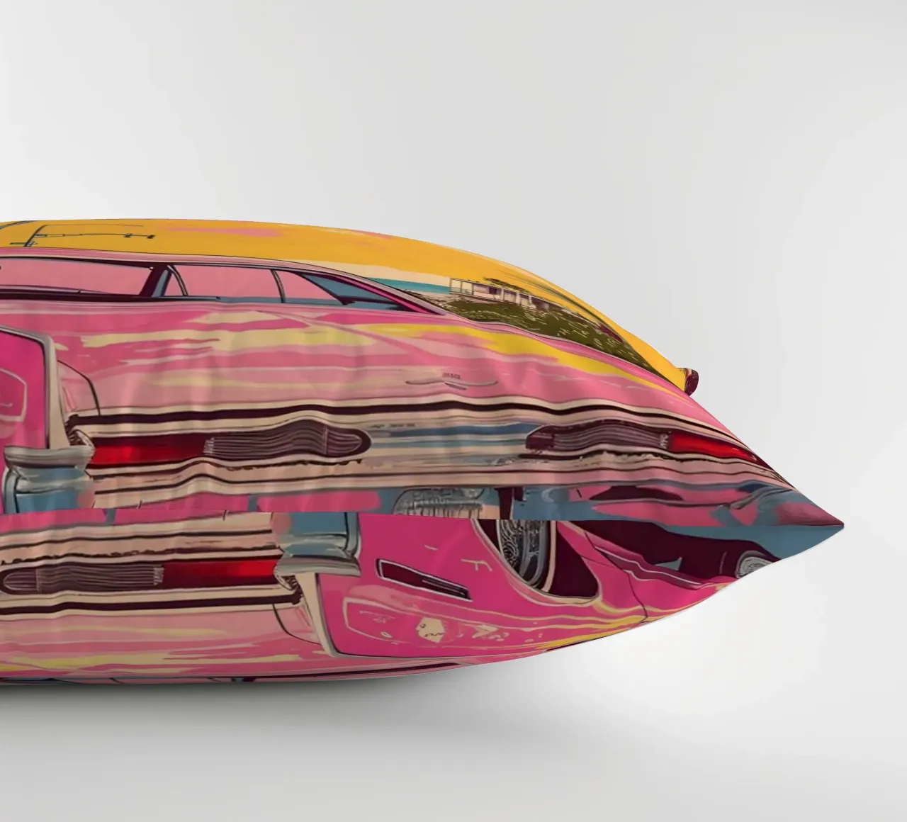 Crociera al tramonto: Auto rosa retrò, palme e arte Miami Vibes cuscino da NorwesClub