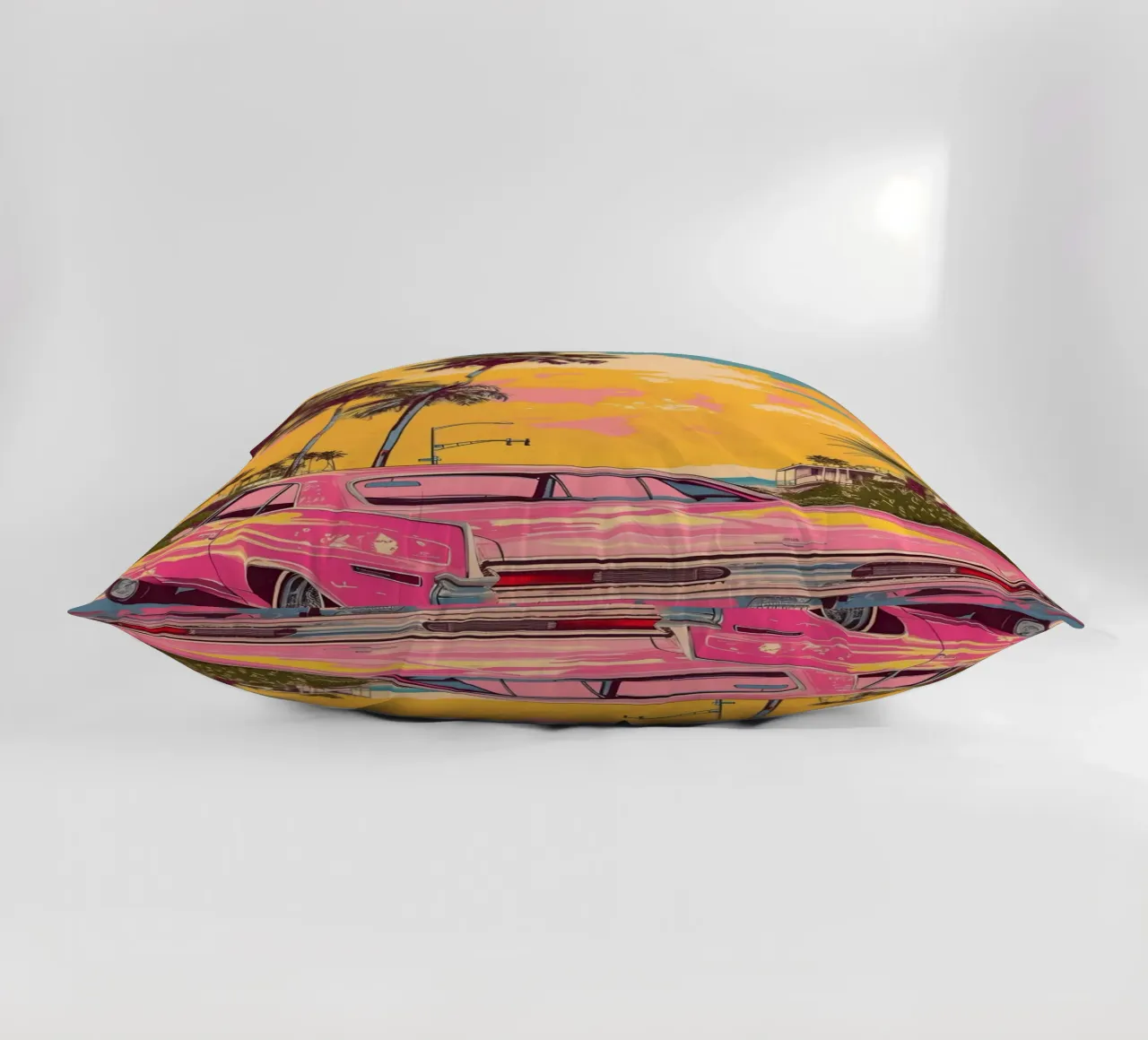 Crociera al tramonto: Auto rosa retrò, palme e arte Miami Vibes cuscino da NorwesClub