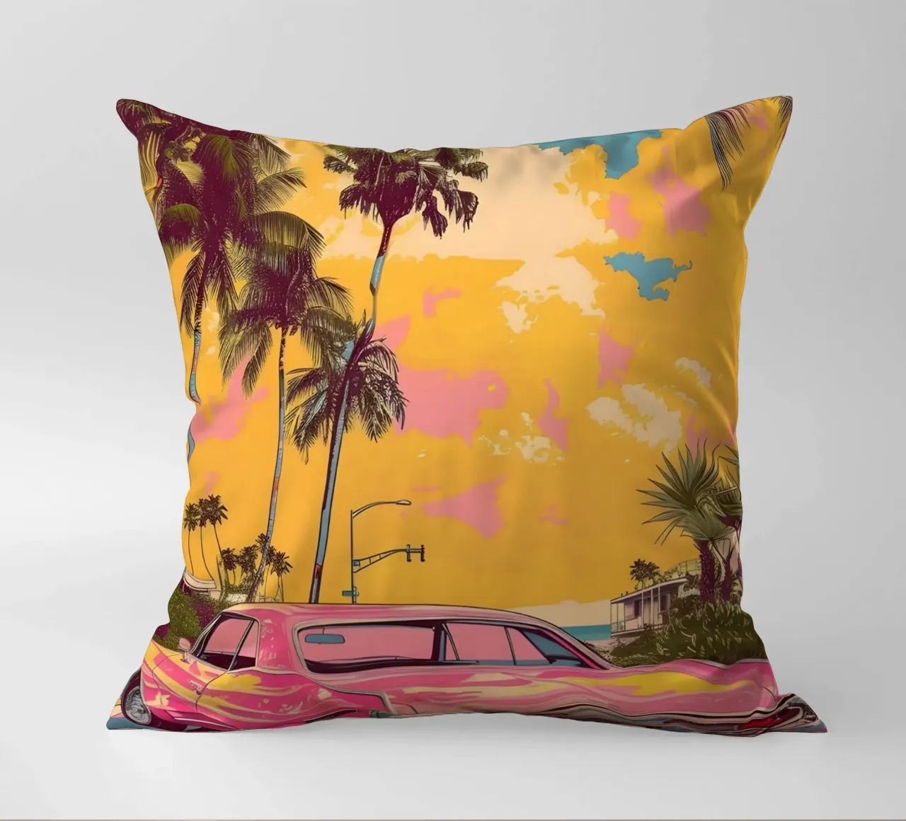 Crociera al tramonto: Auto rosa retrò, palme e arte Miami Vibes cuscino da NorwesClub