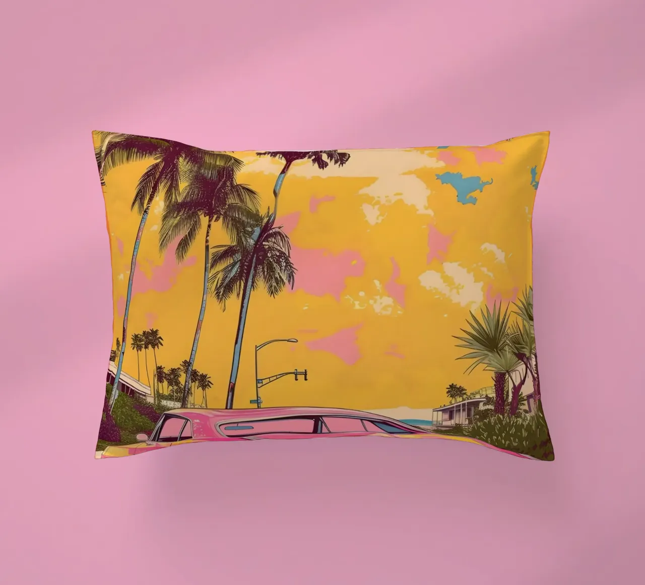 Crociera al tramonto: Auto rosa retrò, palme e arte Miami Vibes cuscino da NorwesClub