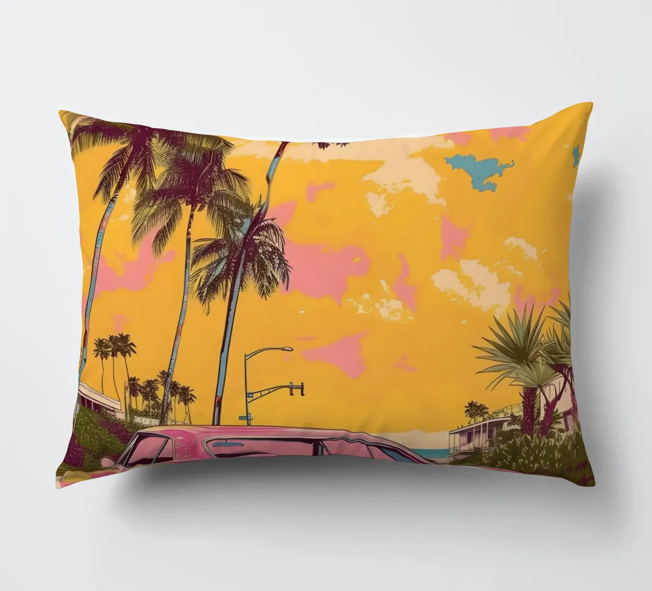 Crociera al tramonto: Auto rosa retrò, palme e arte Miami Vibes cuscino da NorwesClub