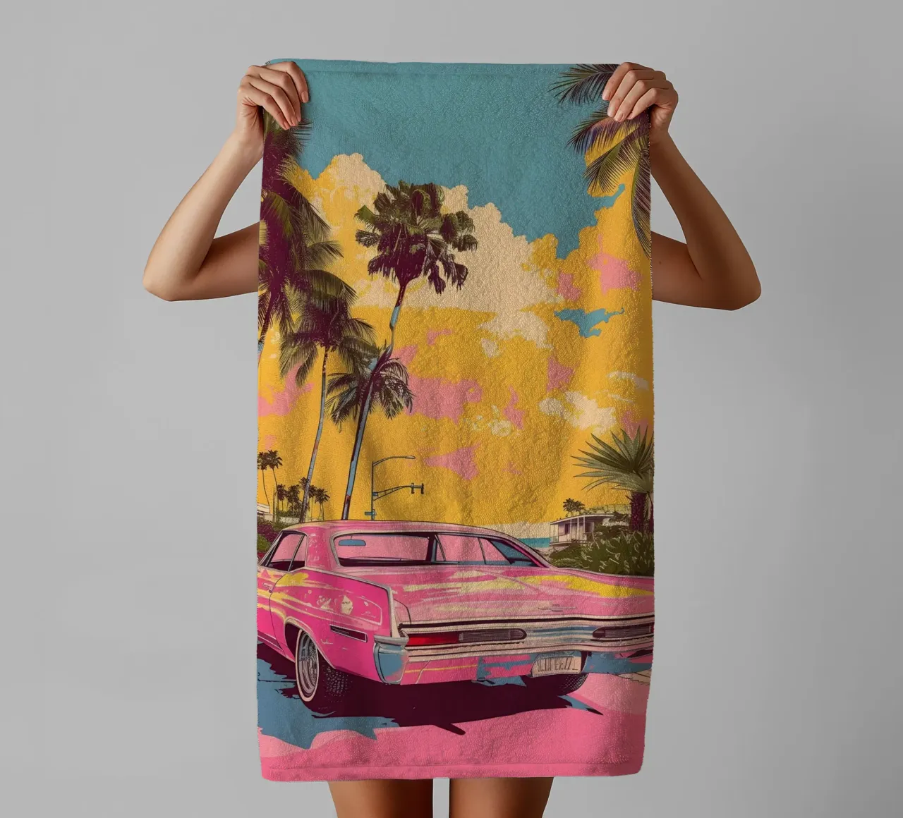 Sunset Cruise: Retro Pink Car, Palm Trees & Miami Vibes Art towel by NorwesClub