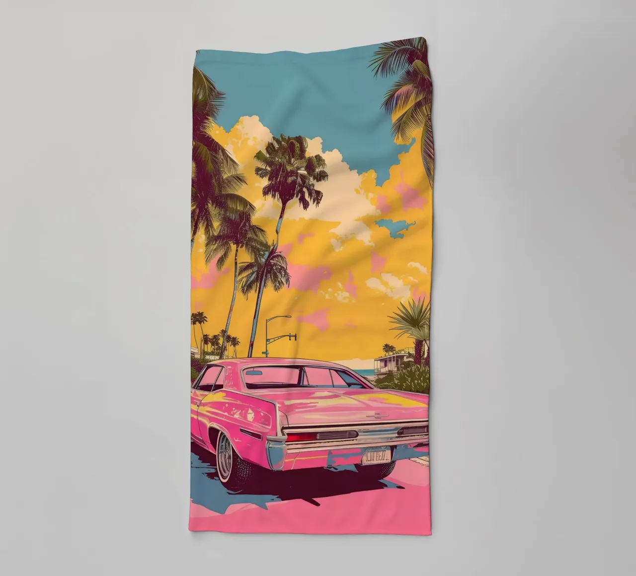 Sunset Cruise: Retro Pink Car, Palm Trees & Miami Vibes Art towel by NorwesClub